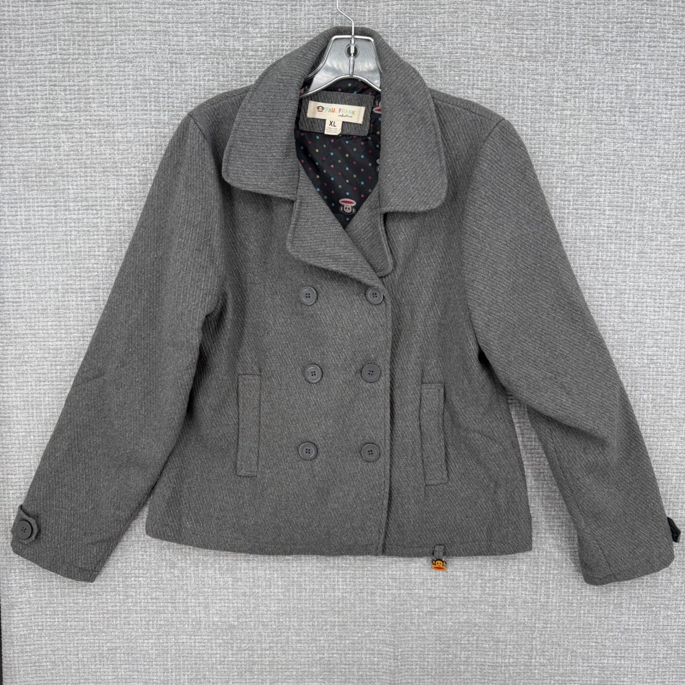 Vintage Paul Frank Pea Coat Women XL Gray Wool Blend Polka Dot Lining Y2K